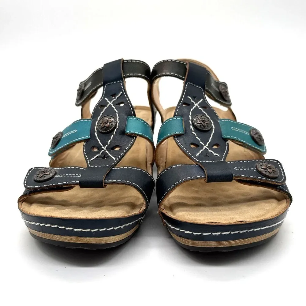 L'Artiste by Spring Step MELISSA Navy/Teal Leather Wedge Sandal Wm US 7.5 & EU38